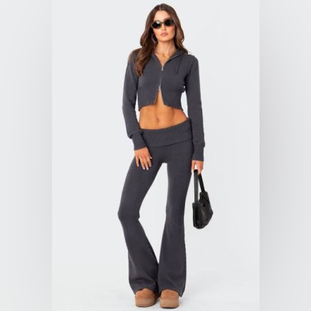 Edikted Charcoal Ribbed Knit Hoodie Set